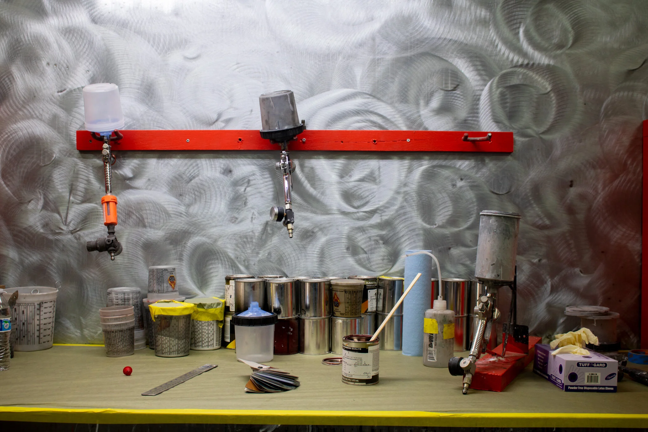 The shop’s paint mixing bench